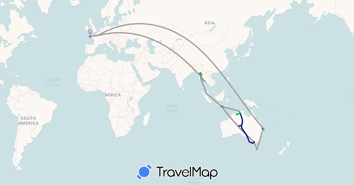 TravelMap itinerary: driving, bus, plane, train, hiking, boat, hitchhiking, motorbike in Australia, France, Indonesia, Myanmar (Burma), Malaysia, Thailand (Asia, Europe, Oceania)